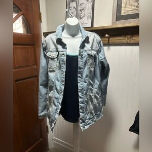 Lularoe Jaxon Light Wash Blue Denim Jacket stretch Eagle embroidered  XL